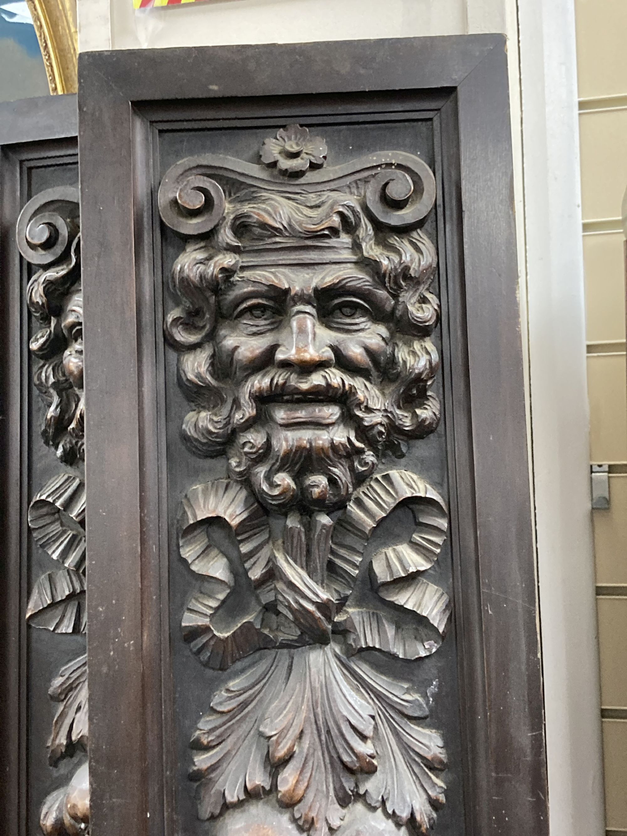 A pair of Austrian carved mahogany cabinet doors, circa 1900, width 25cm, height 192cm